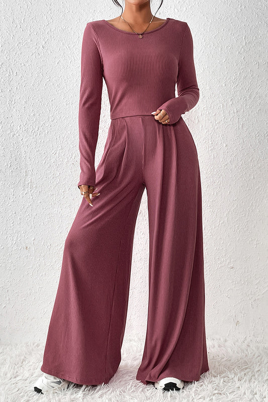 Ribbed Round Neck Top and Wide-Leg Pants Set - Tantalize Boutique