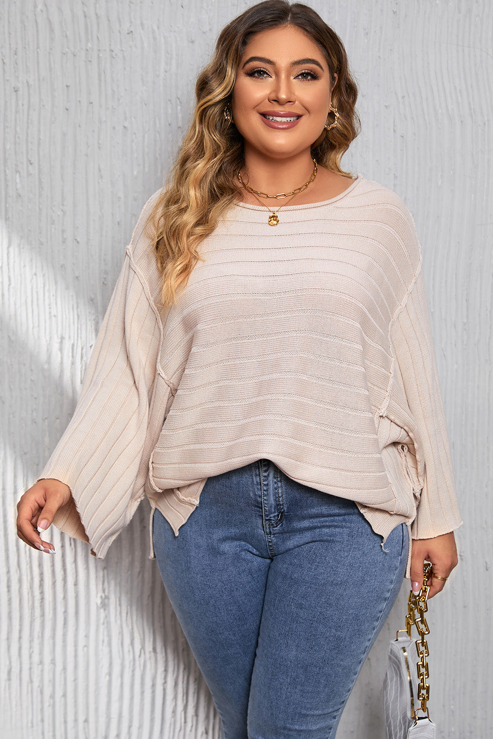Plus Size Round Neck Exposed Seam T-Shirt - Tantalize Boutique