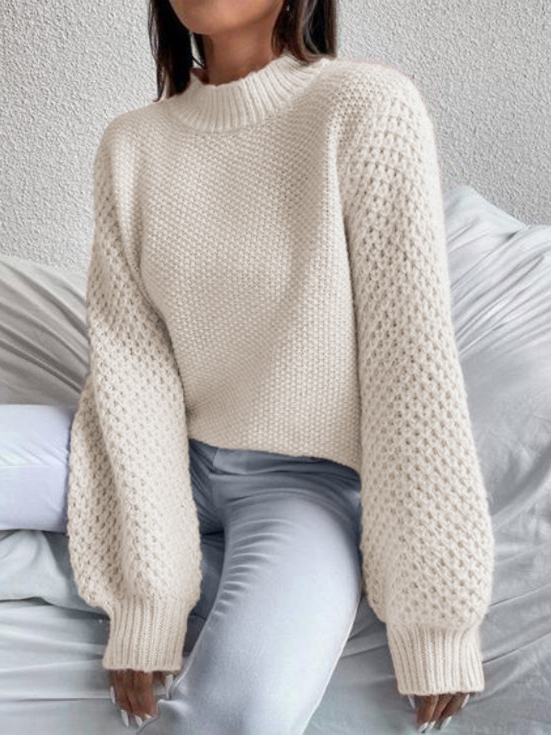 Openwork Mock Neck Long Sleeve Sweater - Tantalize Boutique