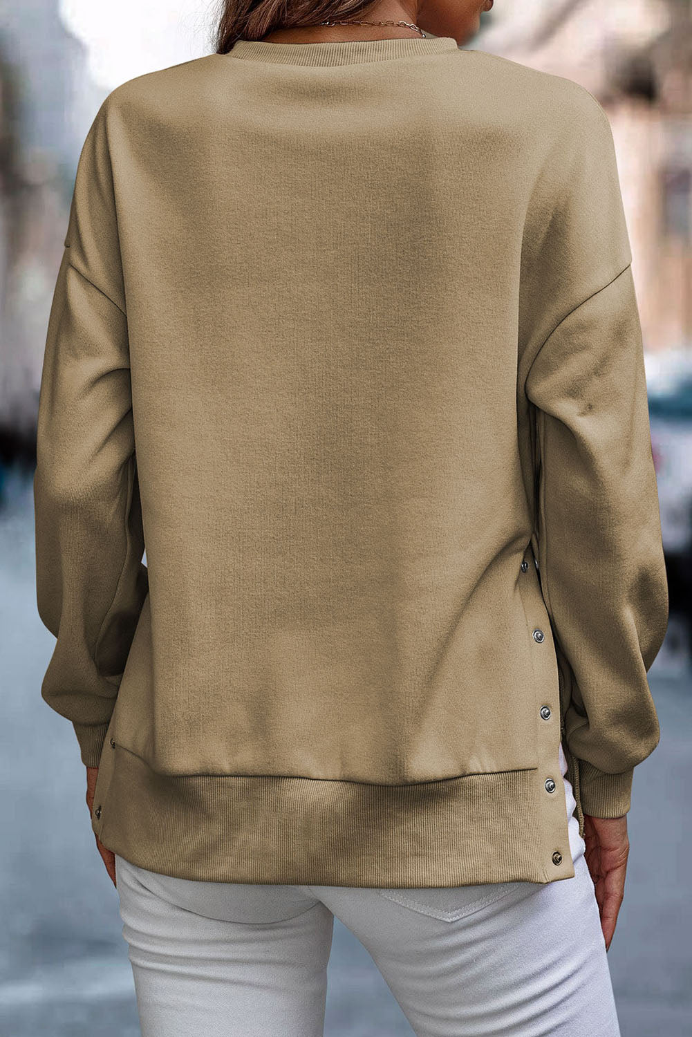 Snap Detail Round Neck Dropped Shoulder Sweatshirt - Tantalize Boutique