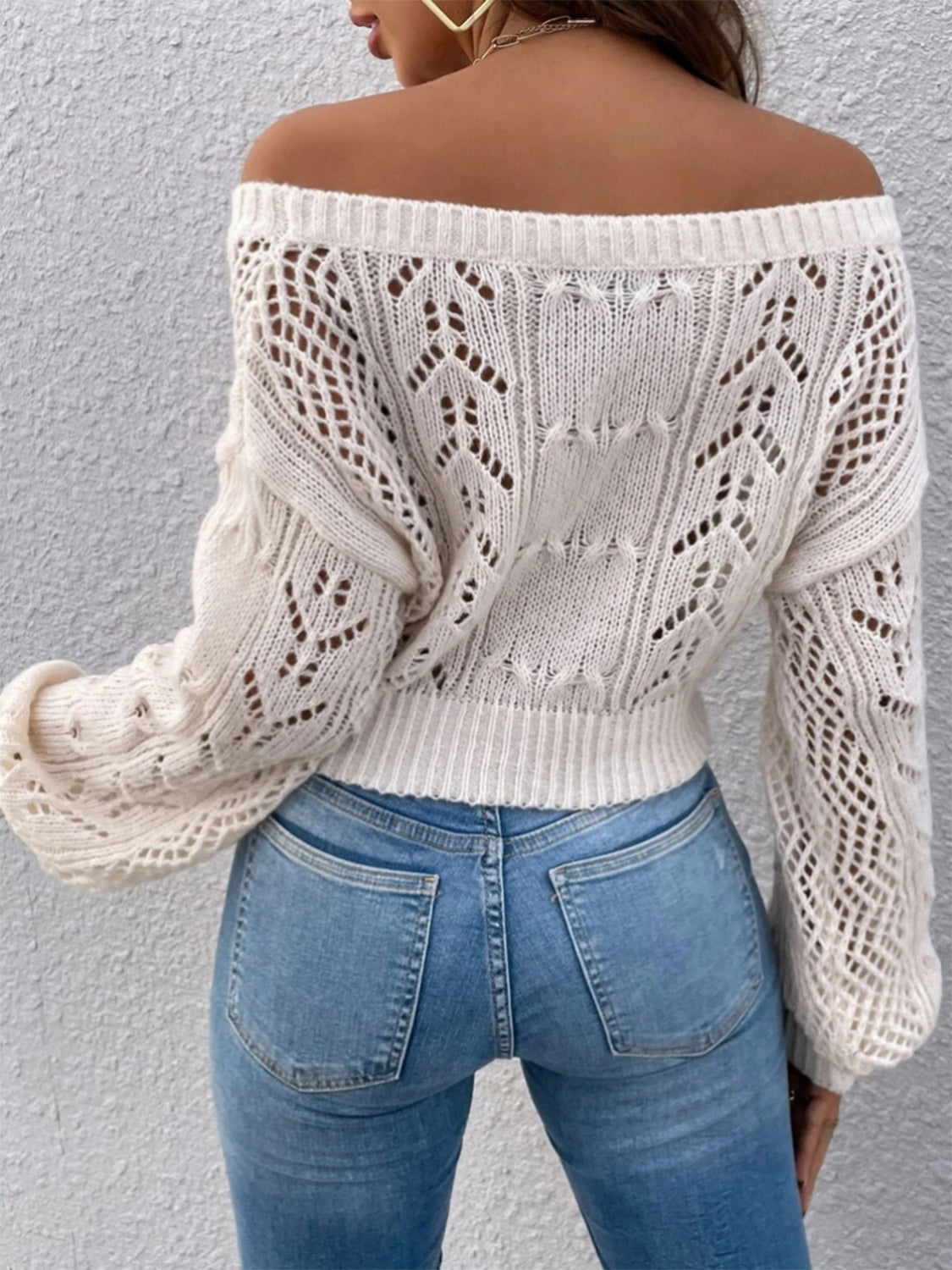 Openwork Off-Shoulder Long Sleeve Sweater - Tantalize Boutique