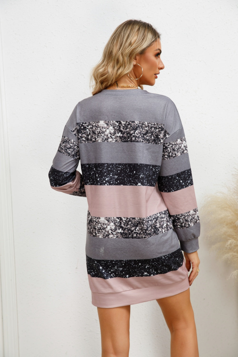 Striped Round Neck Dropped Shoulder Dress - Tantalize Boutique