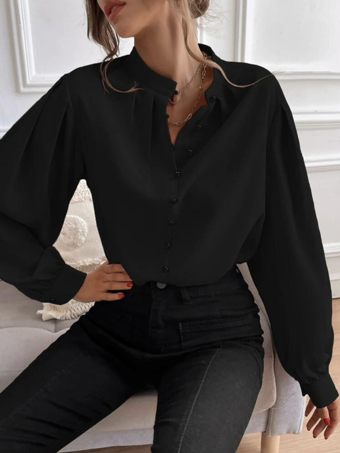 Mock Neck Button Front Shirt - Tantalize Boutique
