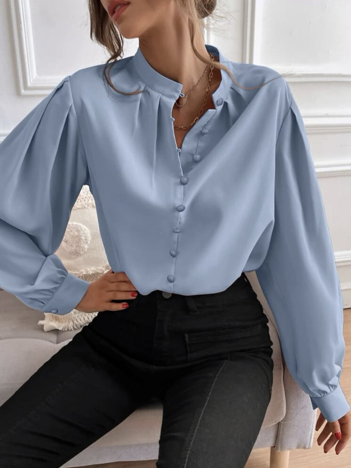 Mock Neck Button Front Shirt - Tantalize Boutique
