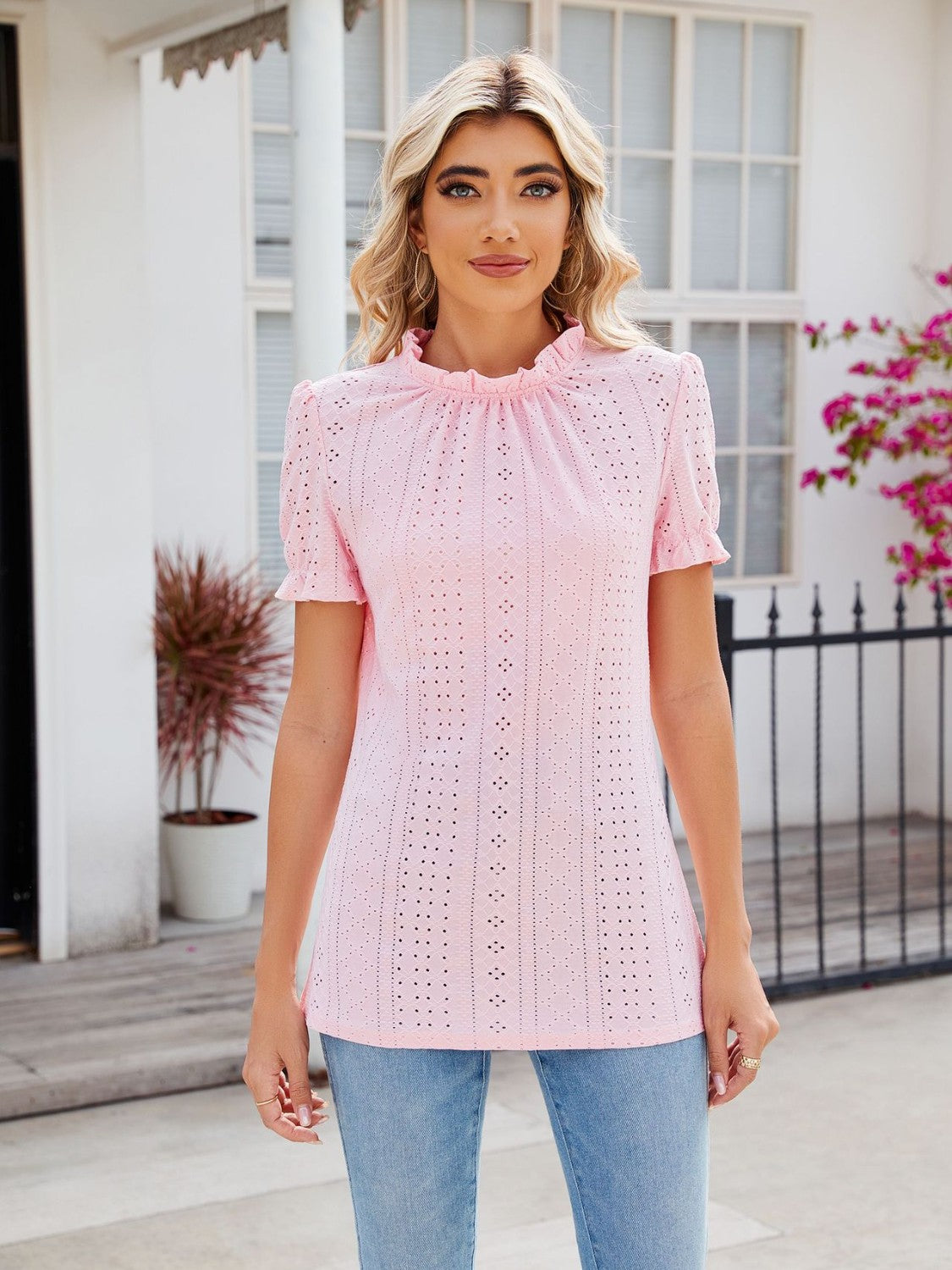 Eyelet Frill Mock Neck Flounce Sleeve Blouse - Tantalize Boutique