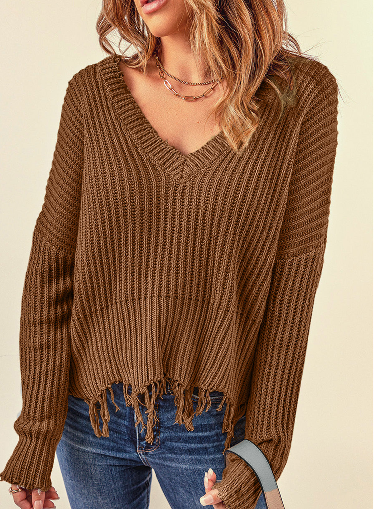 Fringe V-Neck Dropped Shoulder Sweater - Tantalize Boutique