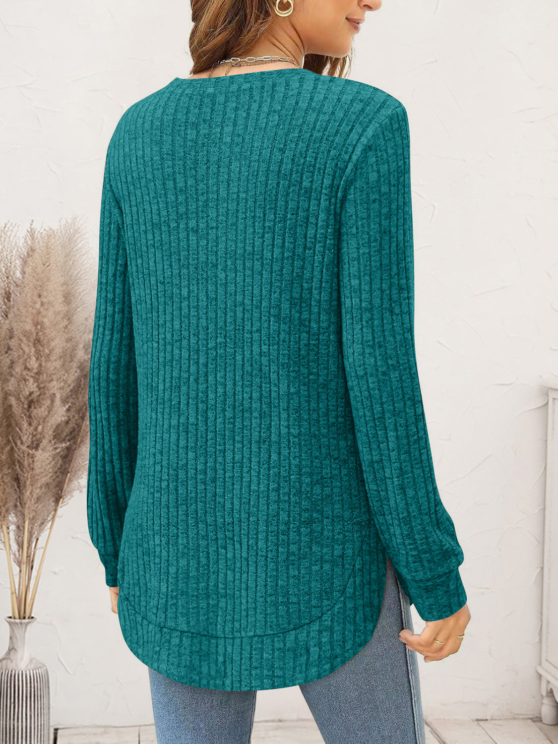 Ribbed Round Neck Long Sleeve T-Shirt - Tantalize Boutique