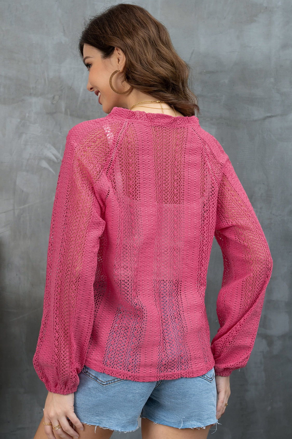 Openwork Button Up Long Sleeve Shirt - Tantalize Boutique