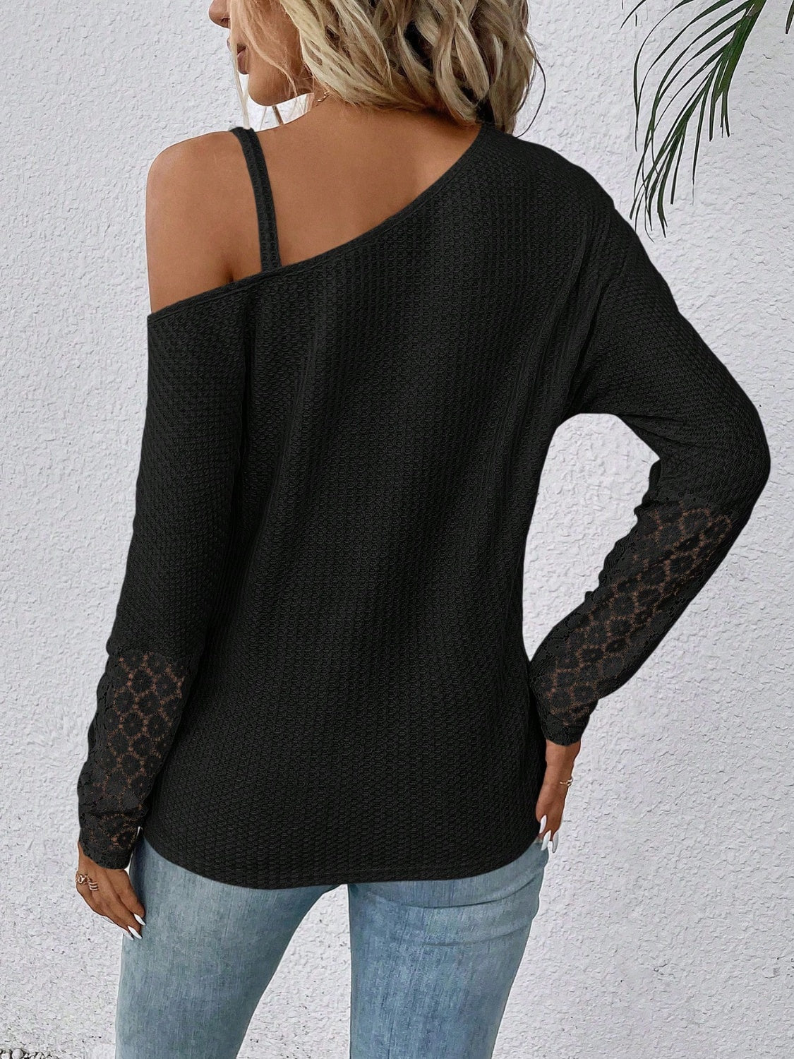 Lace Detail Asymmetrical Neck Long Sleeve T-Shirt - Tantalize Boutique