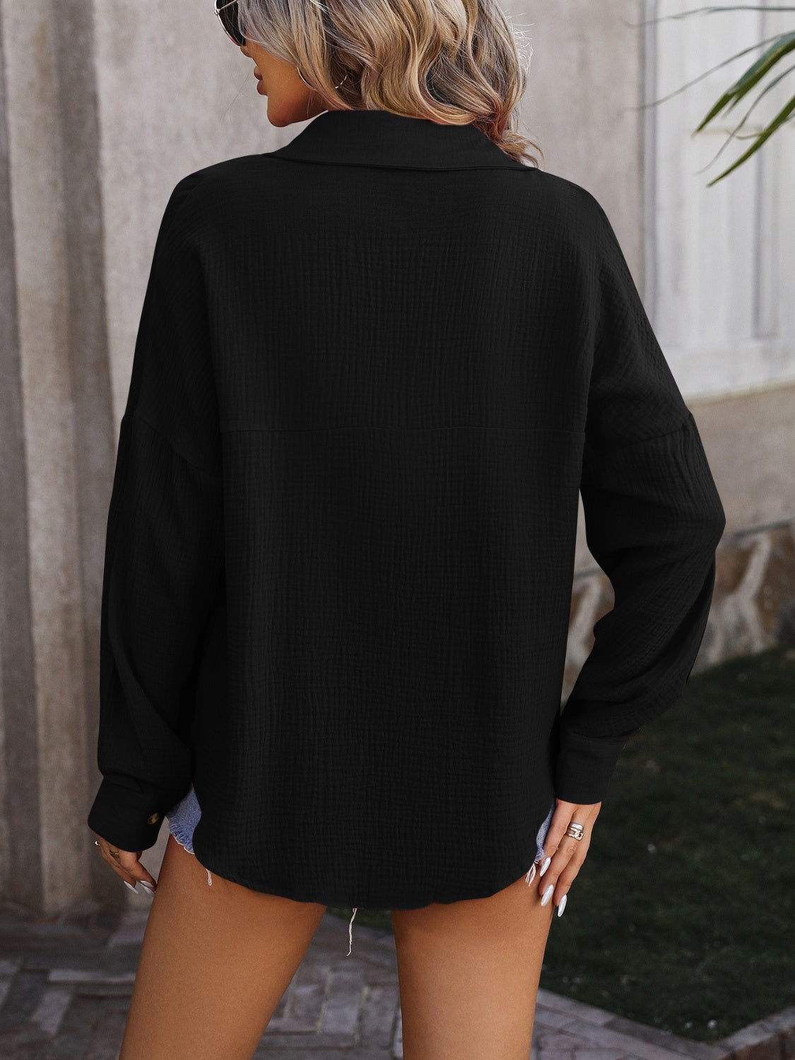 Textured Pocketed Button Up Dropped Shoulder Shirt - Tantalize Boutique