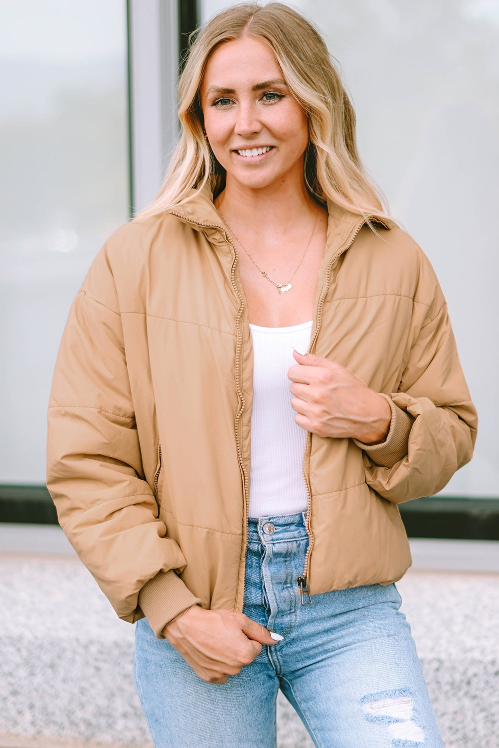 Zip Up Collared Neck Coat with Pockets - Tantalize Boutique