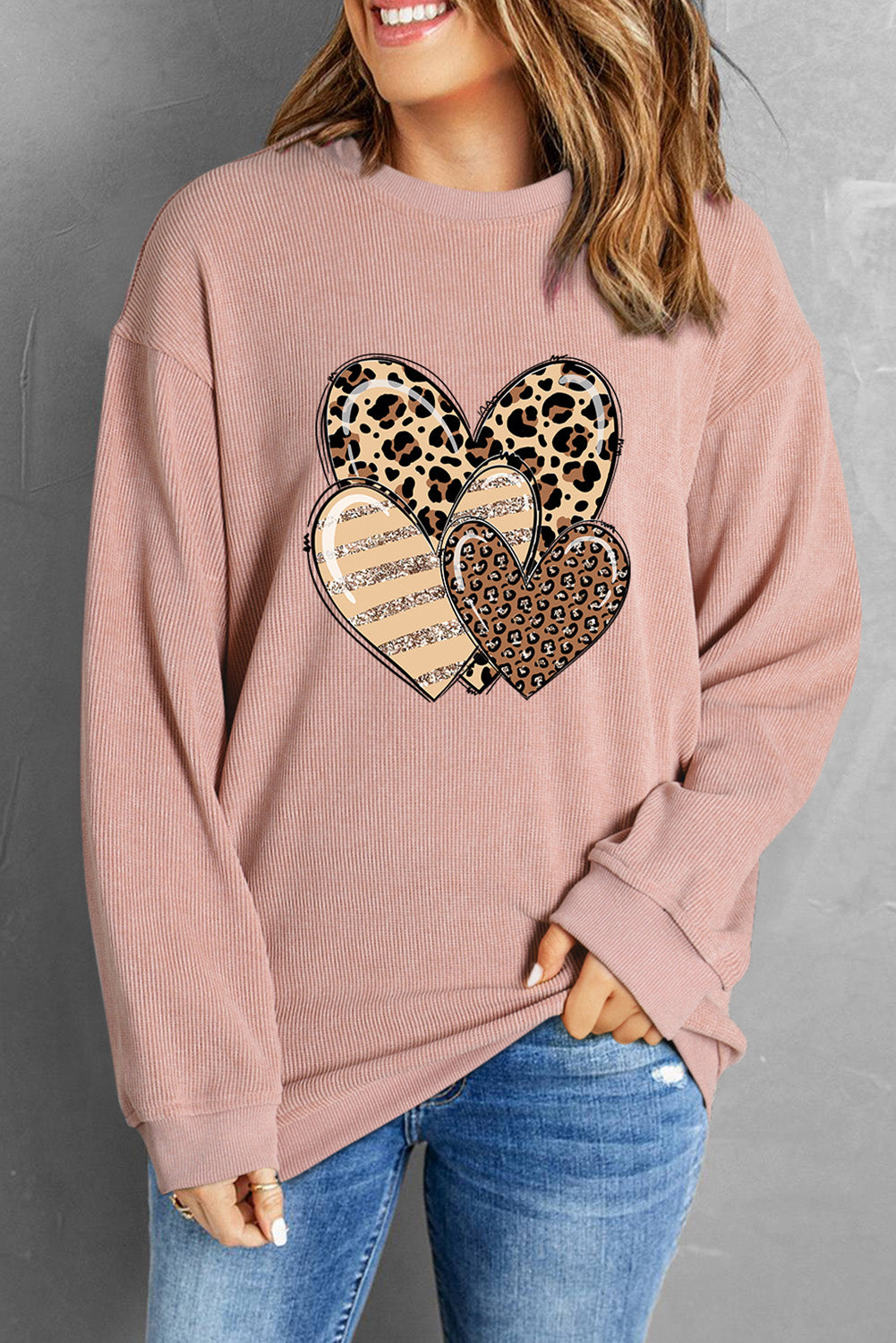 Heart Ribbed Round Neck Sweatshirt - Tantalize Boutique