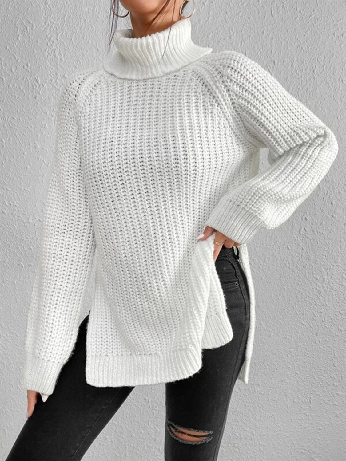 Full Size Turtleneck Rib-Knit Slit Sweater - Tantalize Boutique