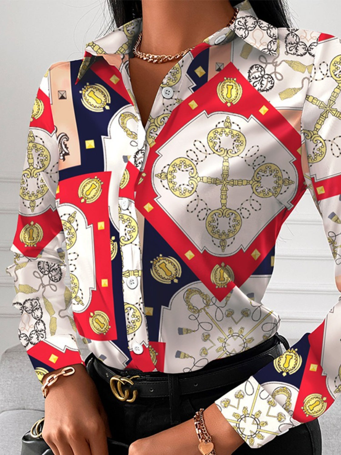 Printed Collared Neck Long Sleeve Shirt - Tantalize Boutique