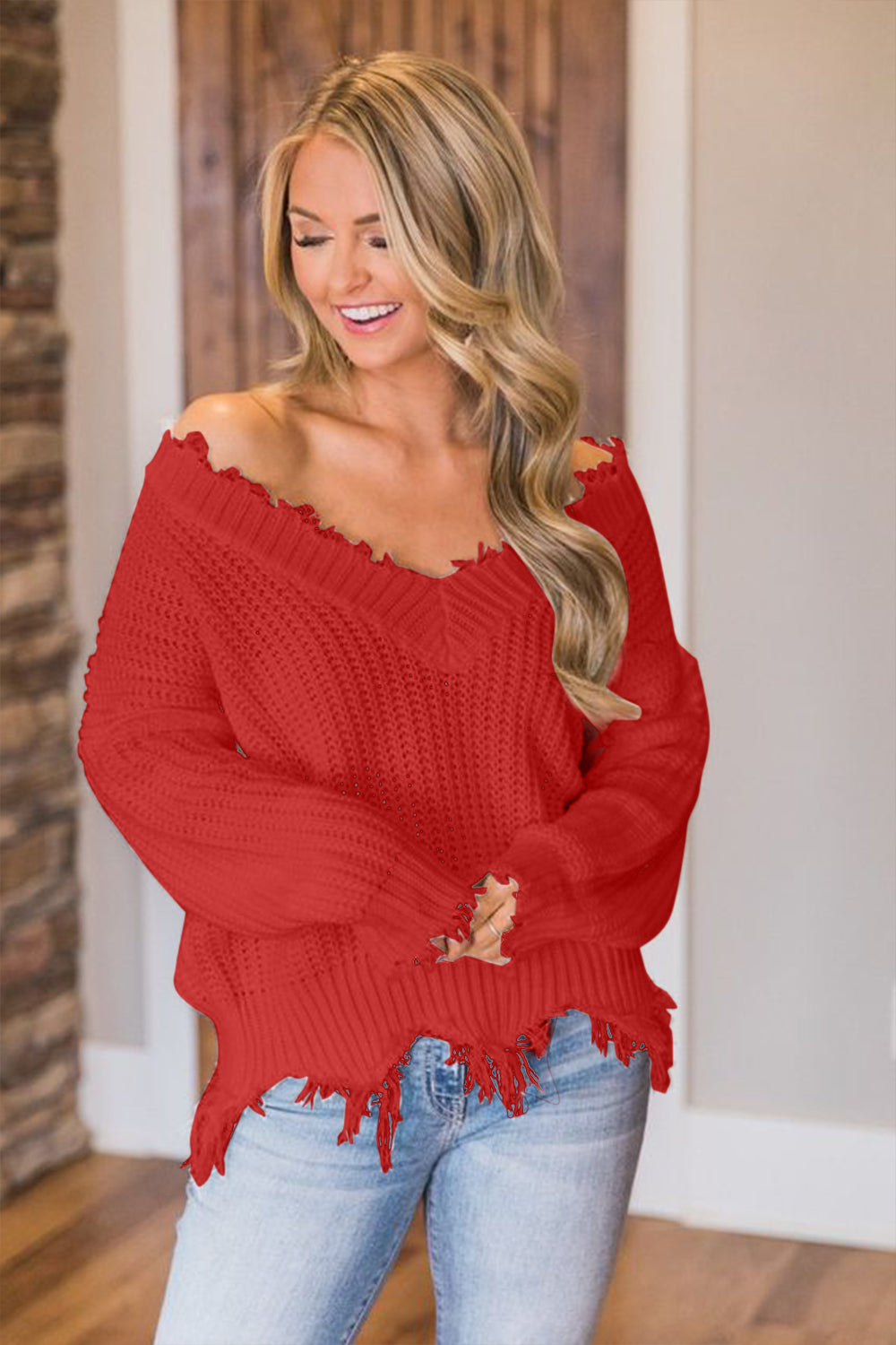 Frayed Hem Dropped Shoulder Sweater - Tantalize Boutique