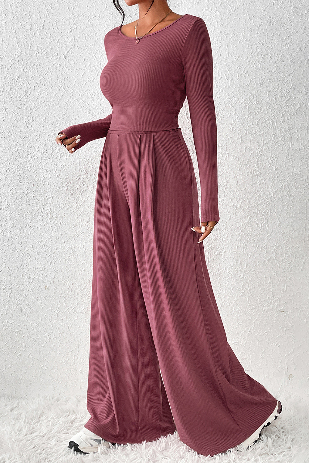 Ribbed Round Neck Top and Wide-Leg Pants Set - Tantalize Boutique
