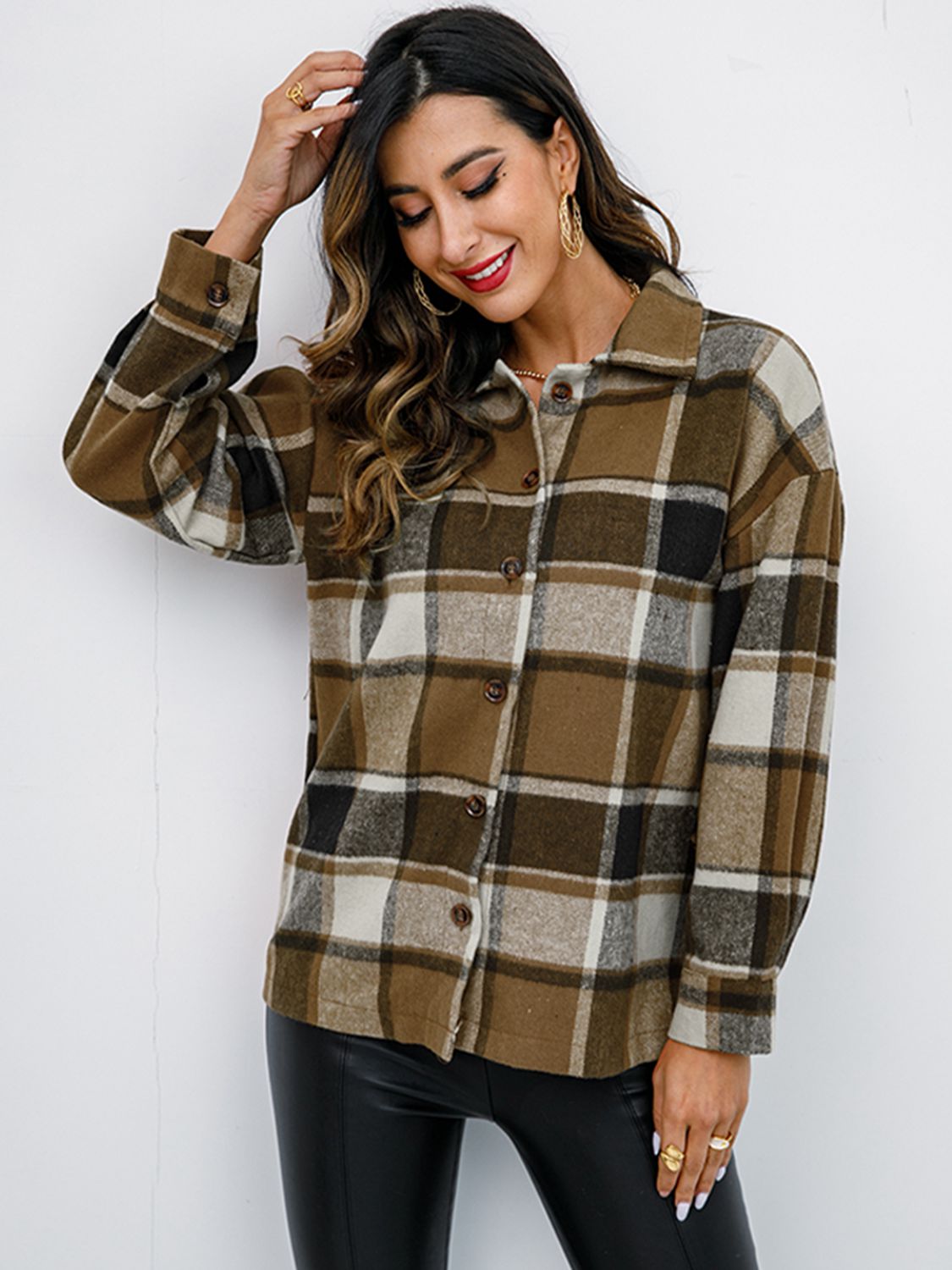Plaid Button Up Collared Neck Jacket - Tantalize Boutique