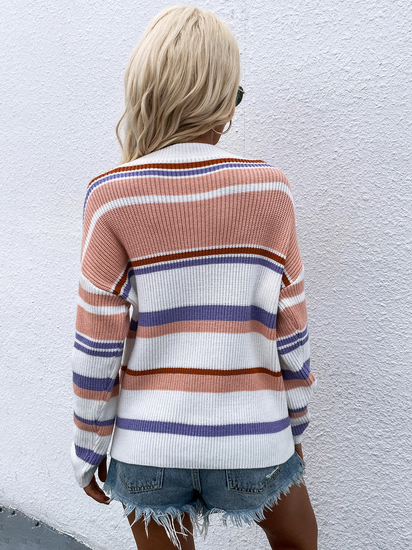 Striped Drop Shoulder Round Neck Pullover Sweater - Tantalize Boutique