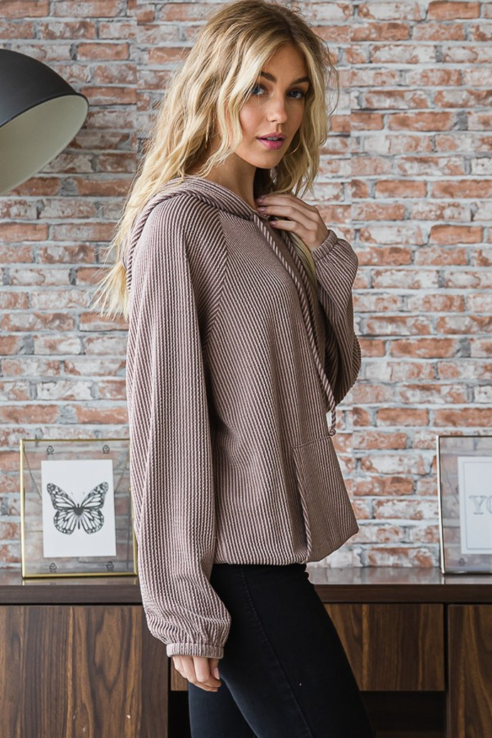 Heimish Full Size Ribbed Drawstring Kangaroo Pocket Hoodie - Tantalize Boutique