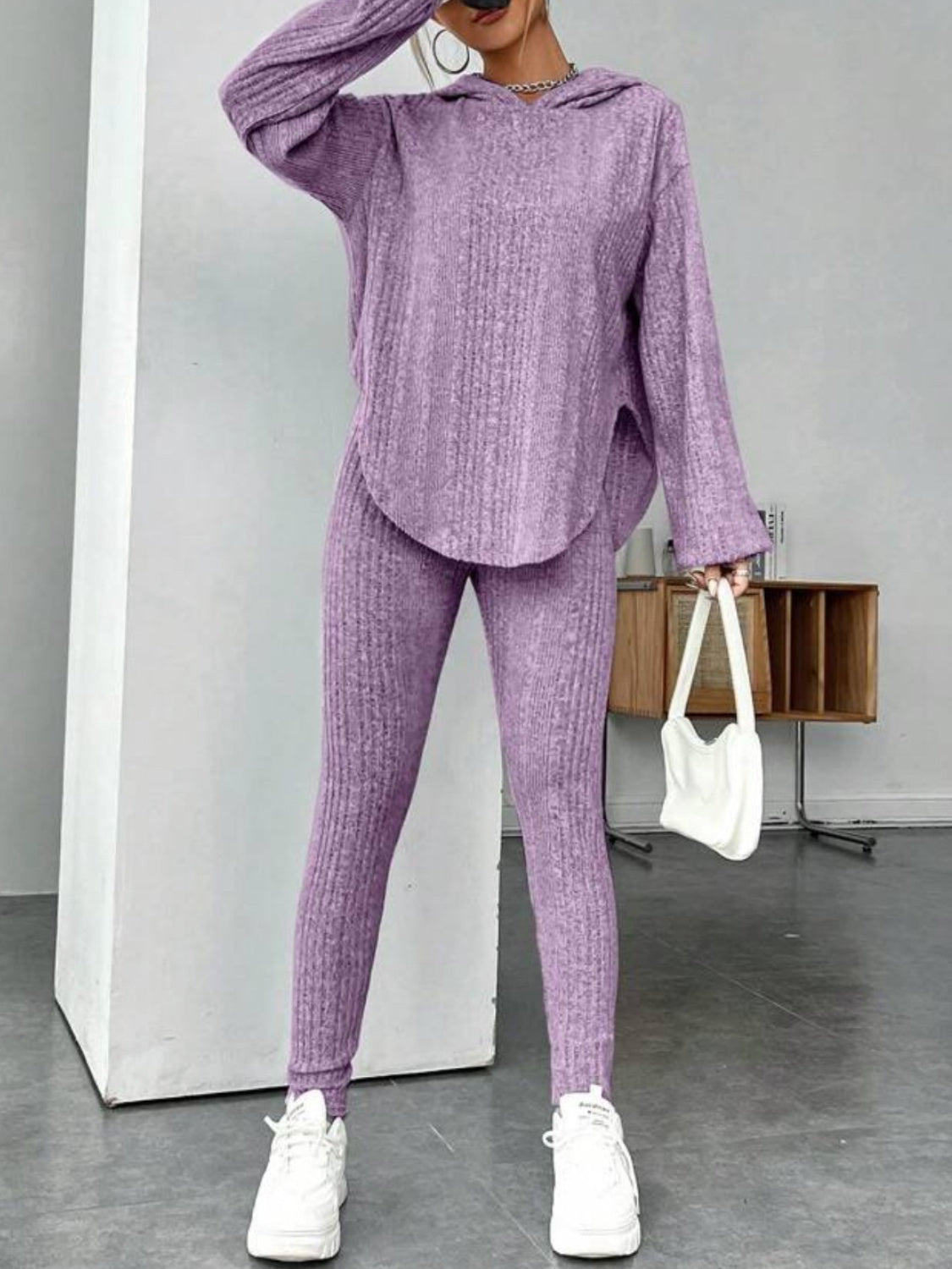 Round Neck Dropped Shoulder Hoodie and Pants Set - Tantalize Boutique