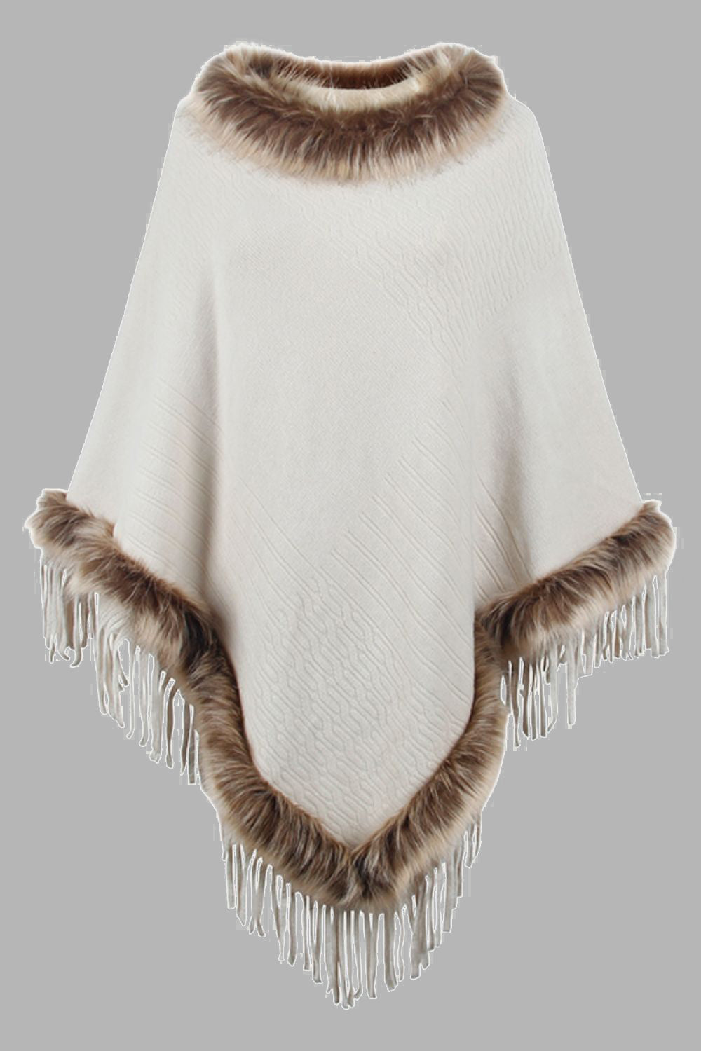 Faux Fur Trim Fringed Poncho - Tantalize Boutique