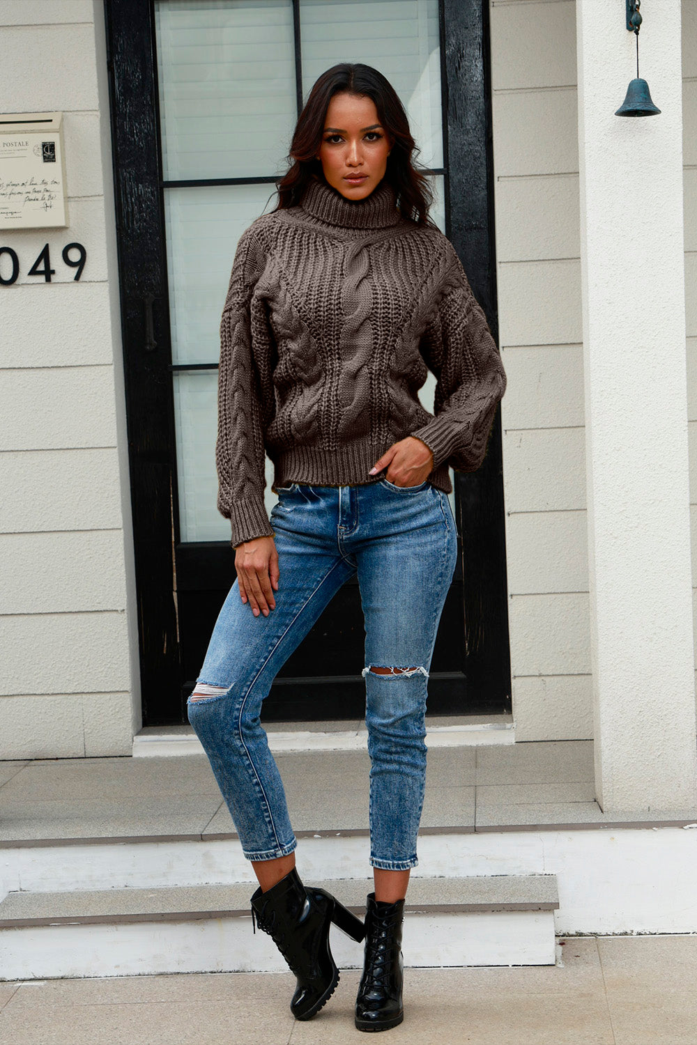 Cable-Knit Turtleneck Long Sleeve Sweater - Tantalize Boutique