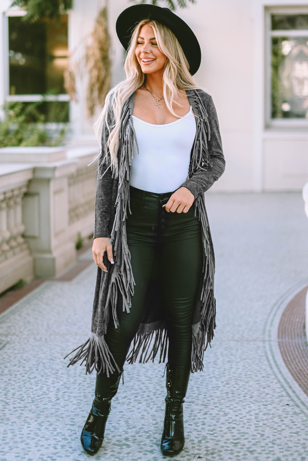 Fringe Detail Long Sleeve Cardigan - Tantalize Boutique