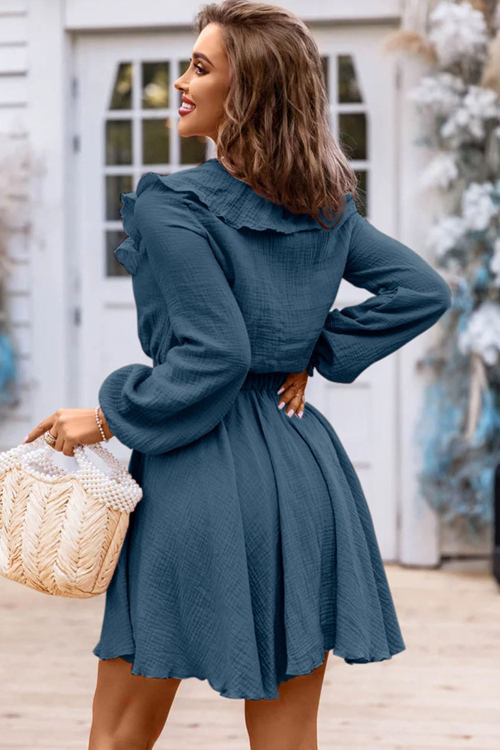 Ruffle Trim V-Neck Long Sleeve Mini Dress - Tantalize Boutique