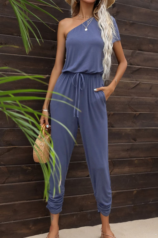Drawstring Waist One-Shoulder Jumpsuit with Pockets - Tantalize Boutique