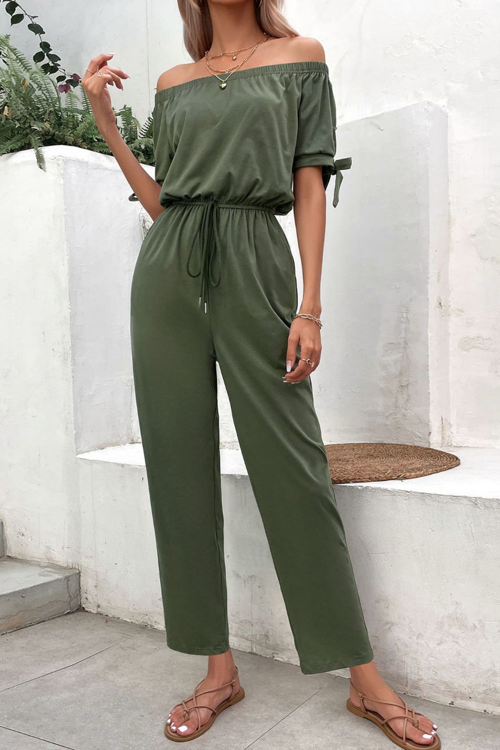 Off-Shoulder Tie Cuff Jumpsuit with Pockets - Tantalize Boutique