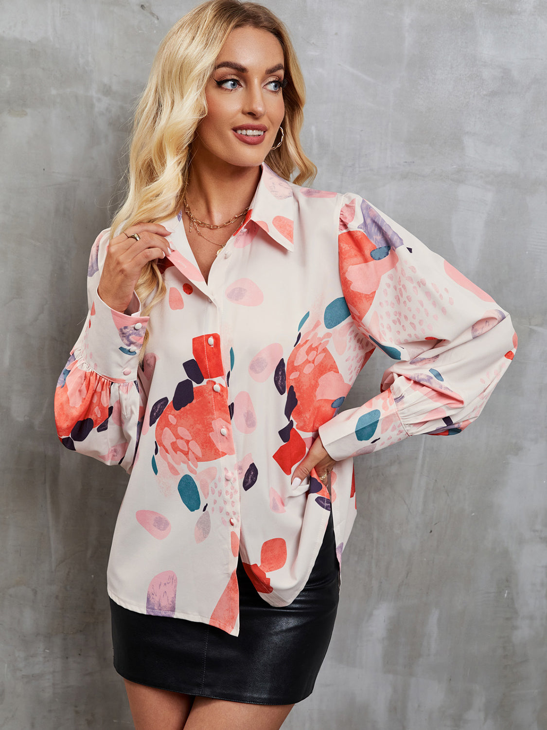 Printed Button Up Lantern Sleeve Shirt - Tantalize Boutique