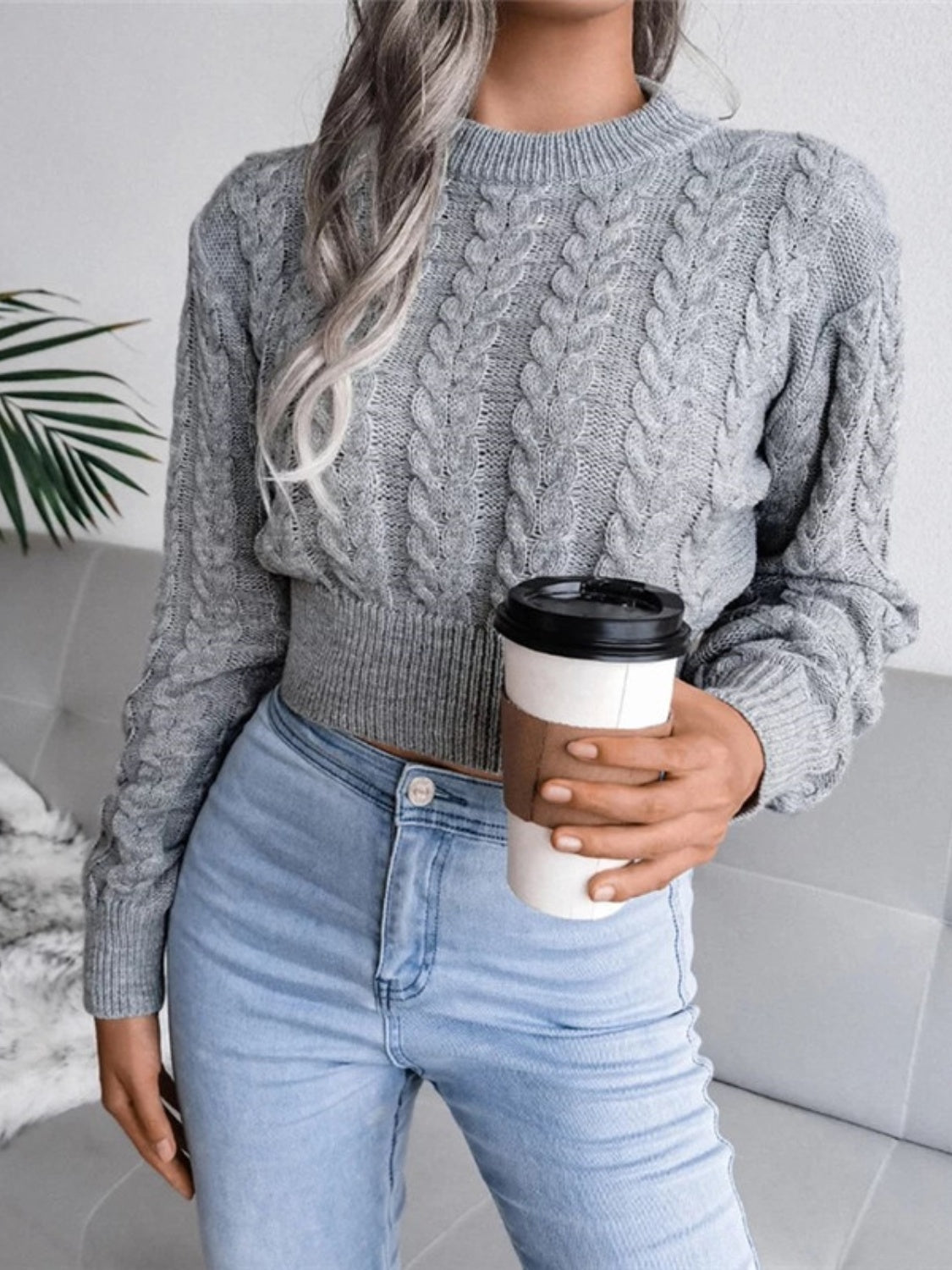 Cable-Knit Round Neck Cropped Sweater - Tantalize Boutique