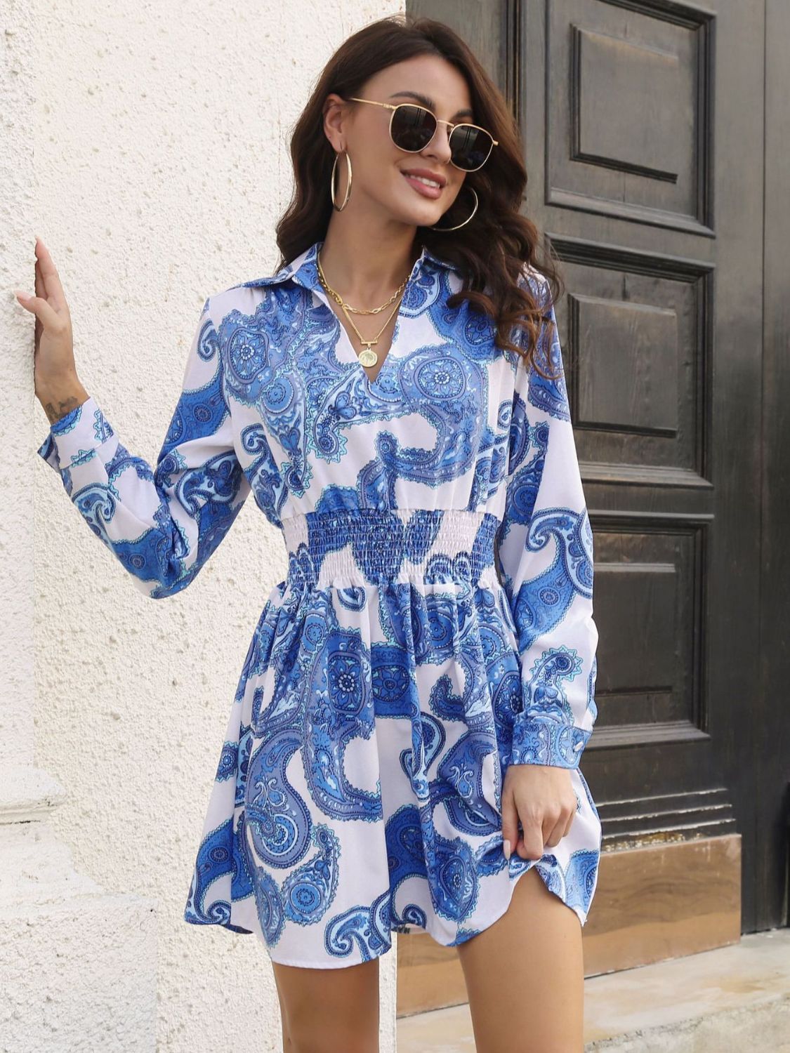 Paisley Print Johnny Collar Smocked Dress - Tantalize Boutique