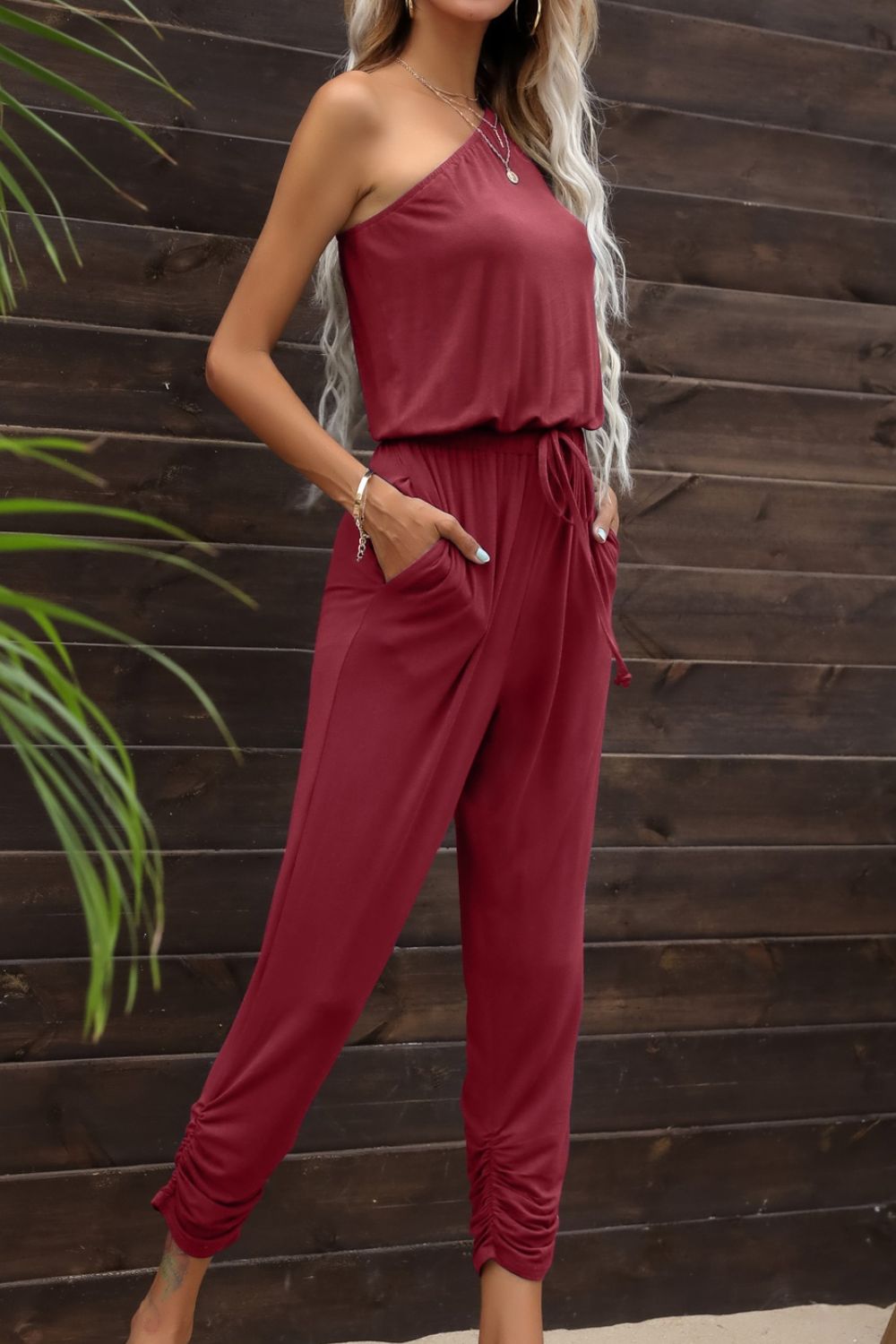 Drawstring Waist One-Shoulder Jumpsuit with Pockets - Tantalize Boutique