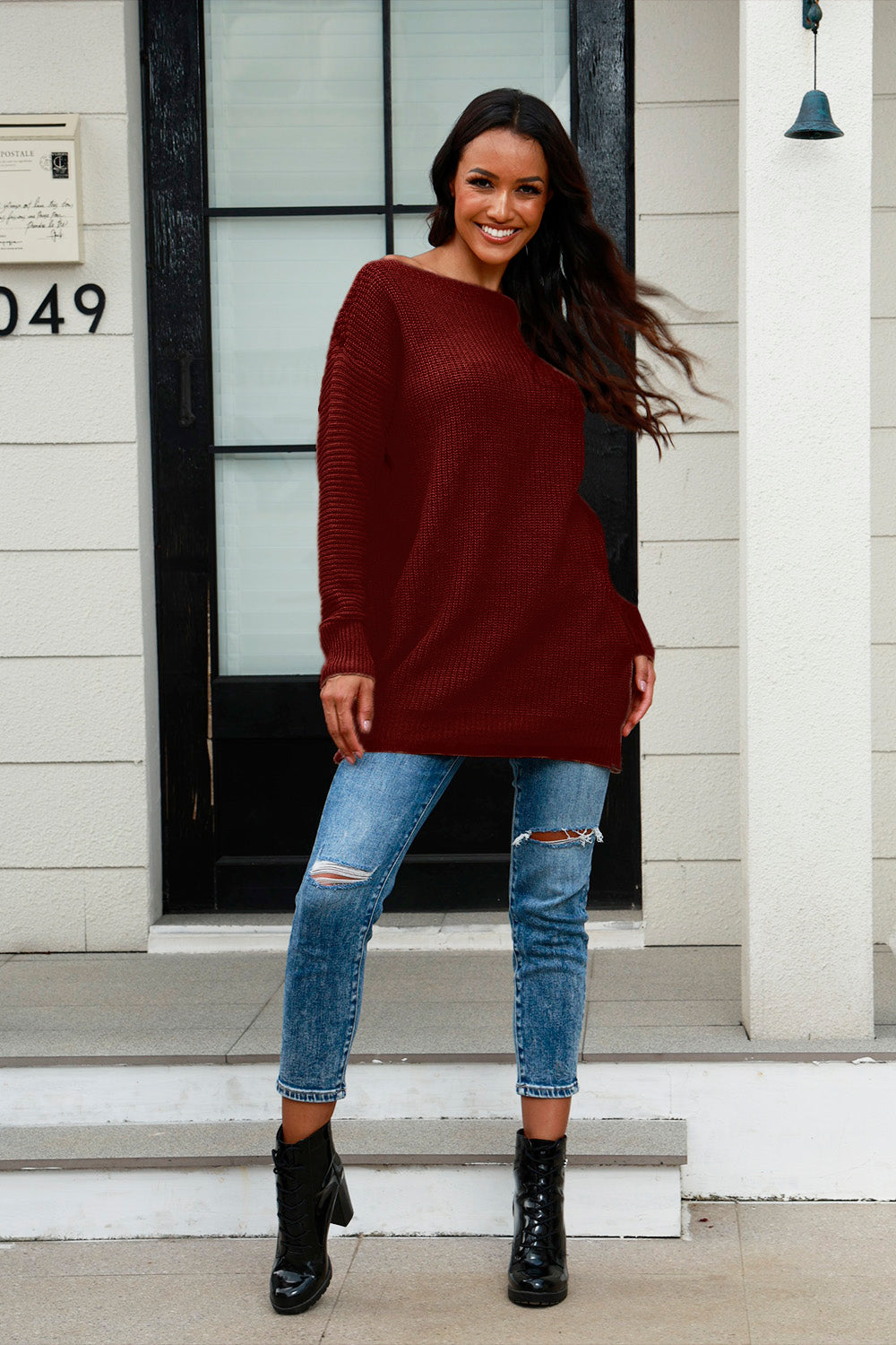 Boat Neck Dropped Shoulder Sweater - Tantalize Boutique