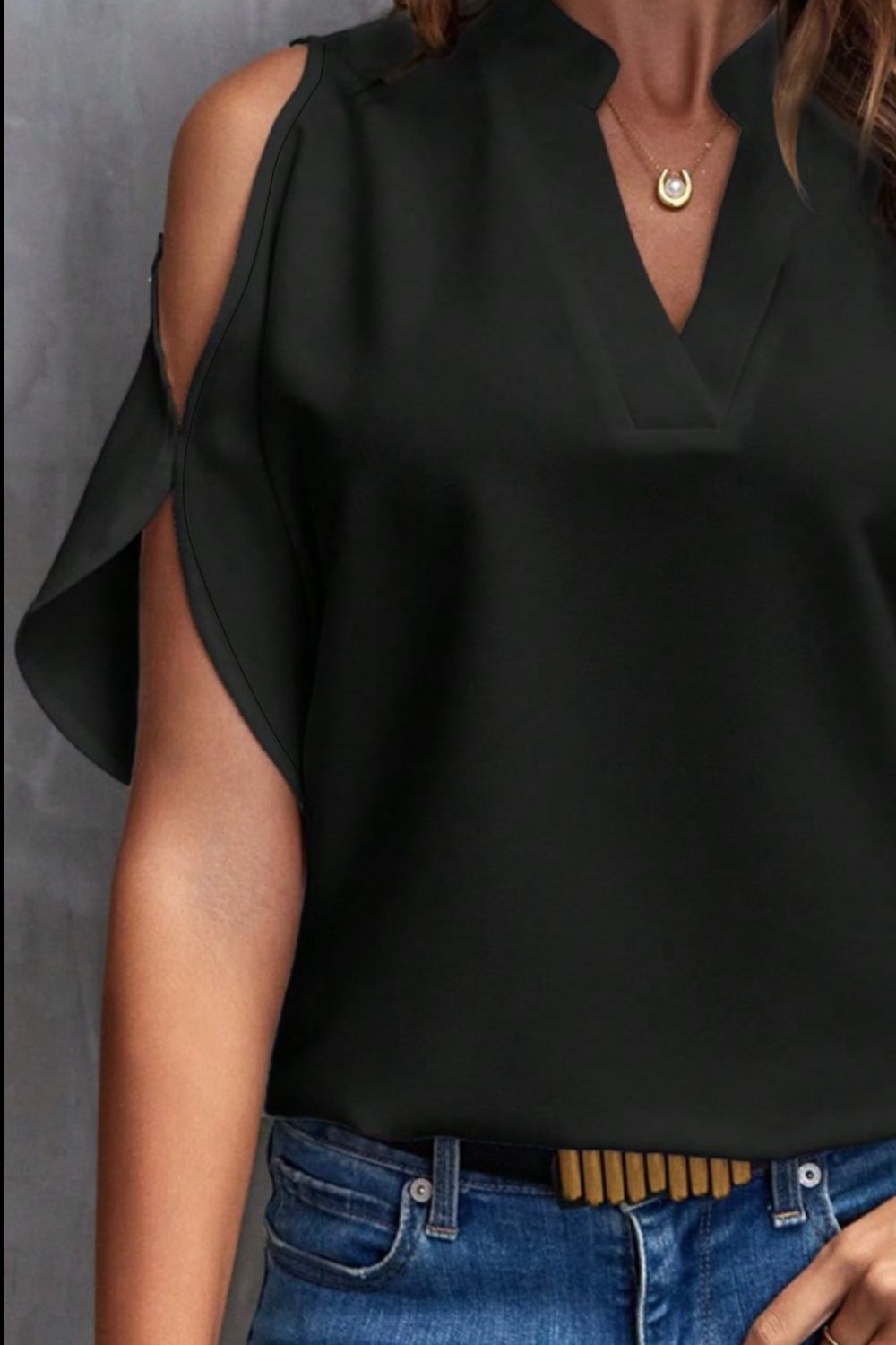 Notched Cold Shoulder Blouse - Tantalize Boutique