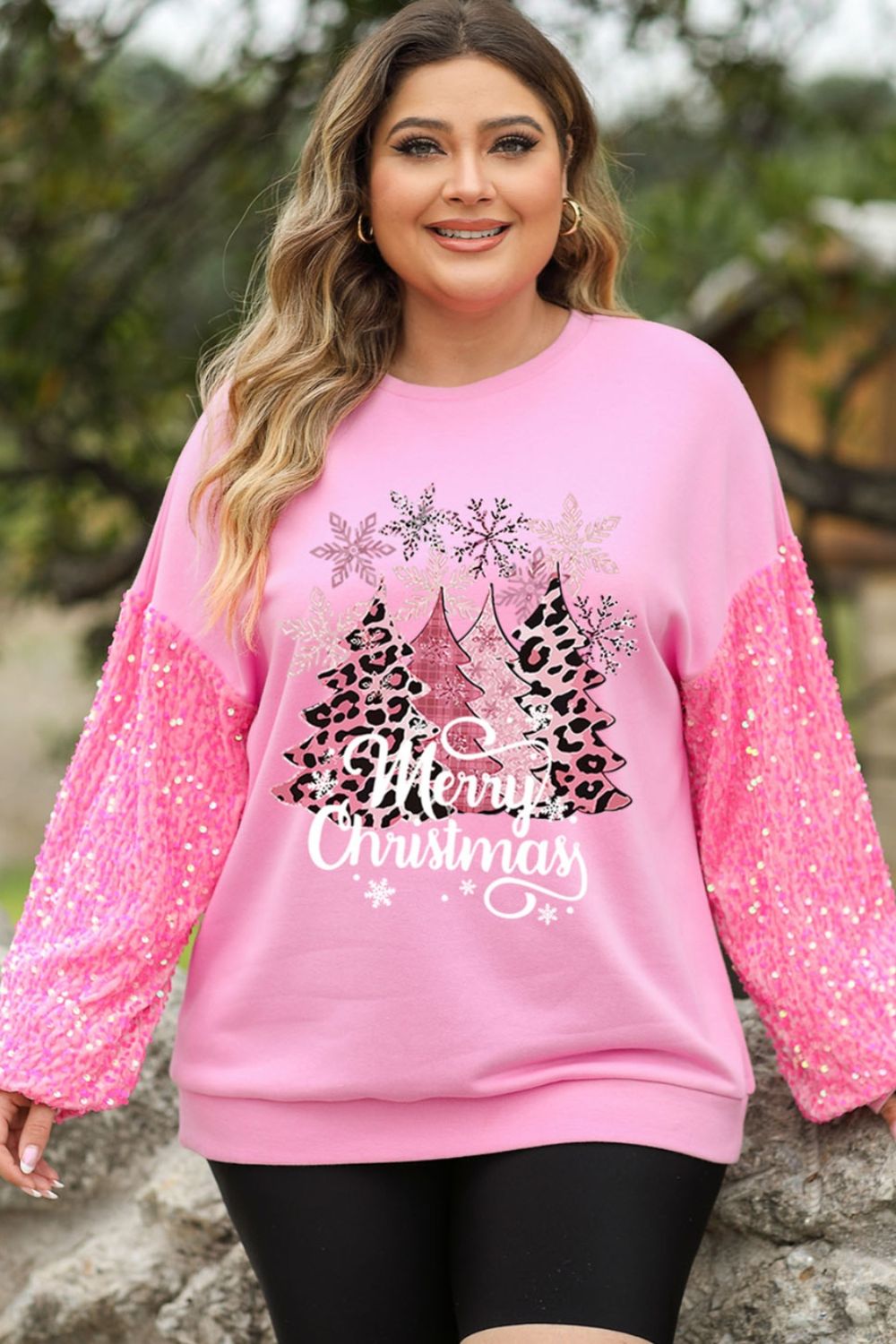 Plus Size MERRY CHRISTMAS Sequin Long Sleeve Sweatshirt - Tantalize Boutique