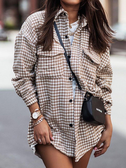 Houndstooth Button Up Dropped Shoulder Jacket - Tantalize Boutique