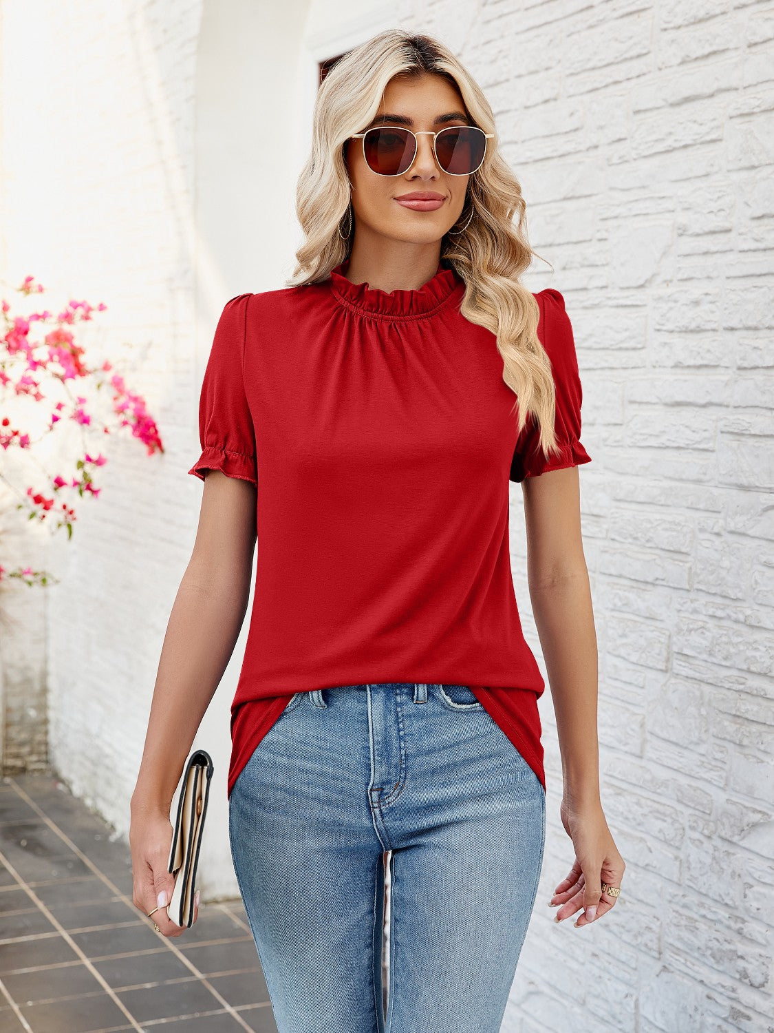 Frill Mock Neck Flounce Sleeve Blouse - Tantalize Boutique