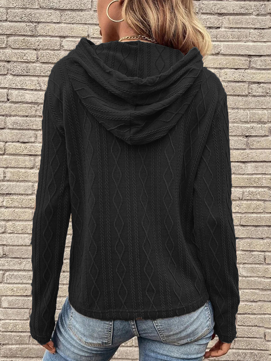 Cable-Knit Drawstring Hooded Knit Top - Tantalize Boutique