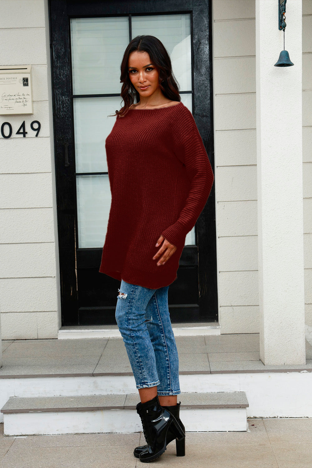 Boat Neck Dropped Shoulder Sweater - Tantalize Boutique