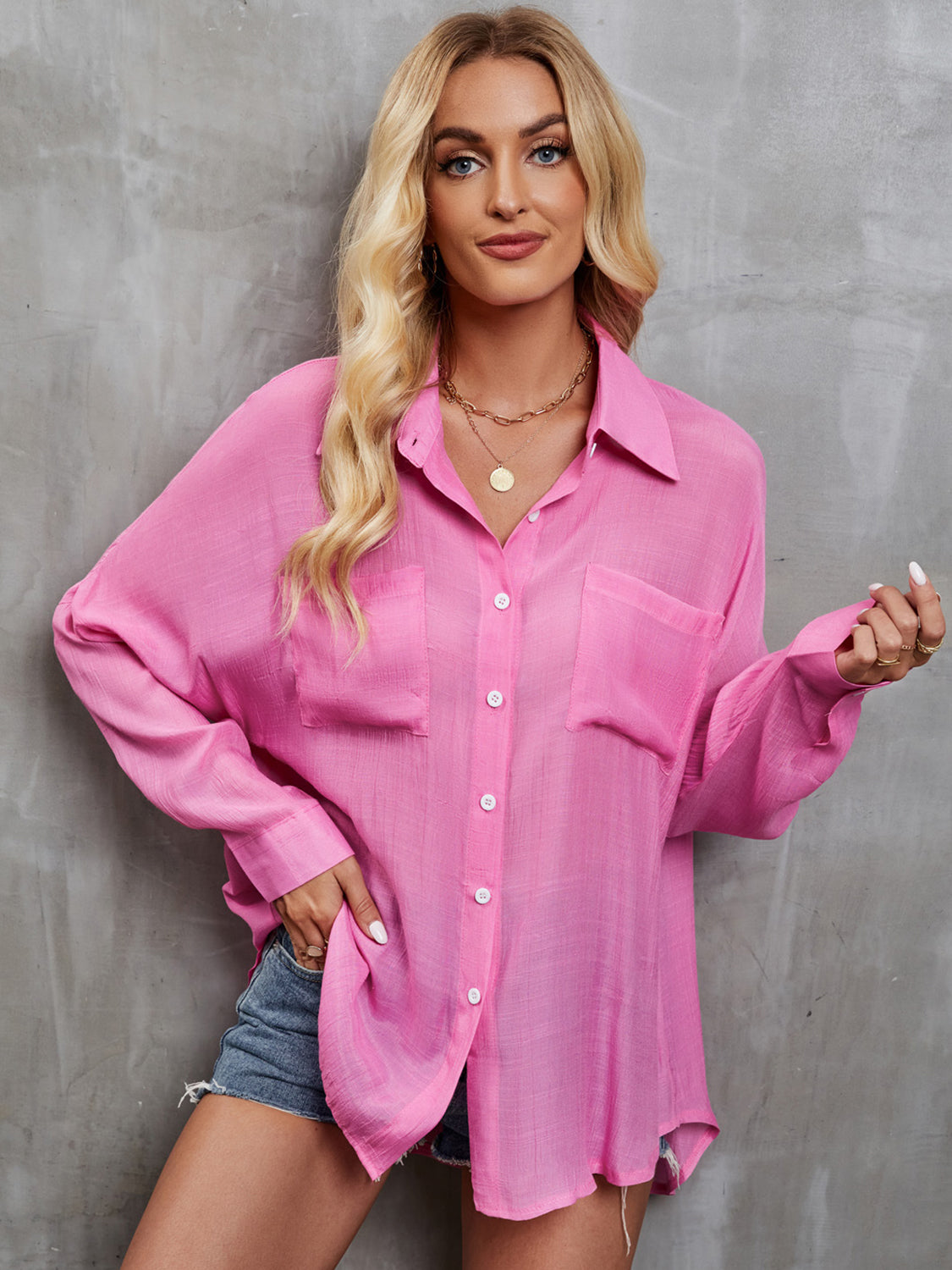Pocketed Button Up Long Sleeve Shirt - Tantalize Boutique