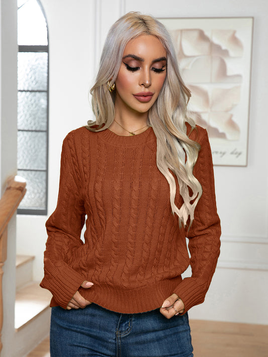 Cable-Knit Round Neck Long Sleeve Sweater - Tantalize Boutique