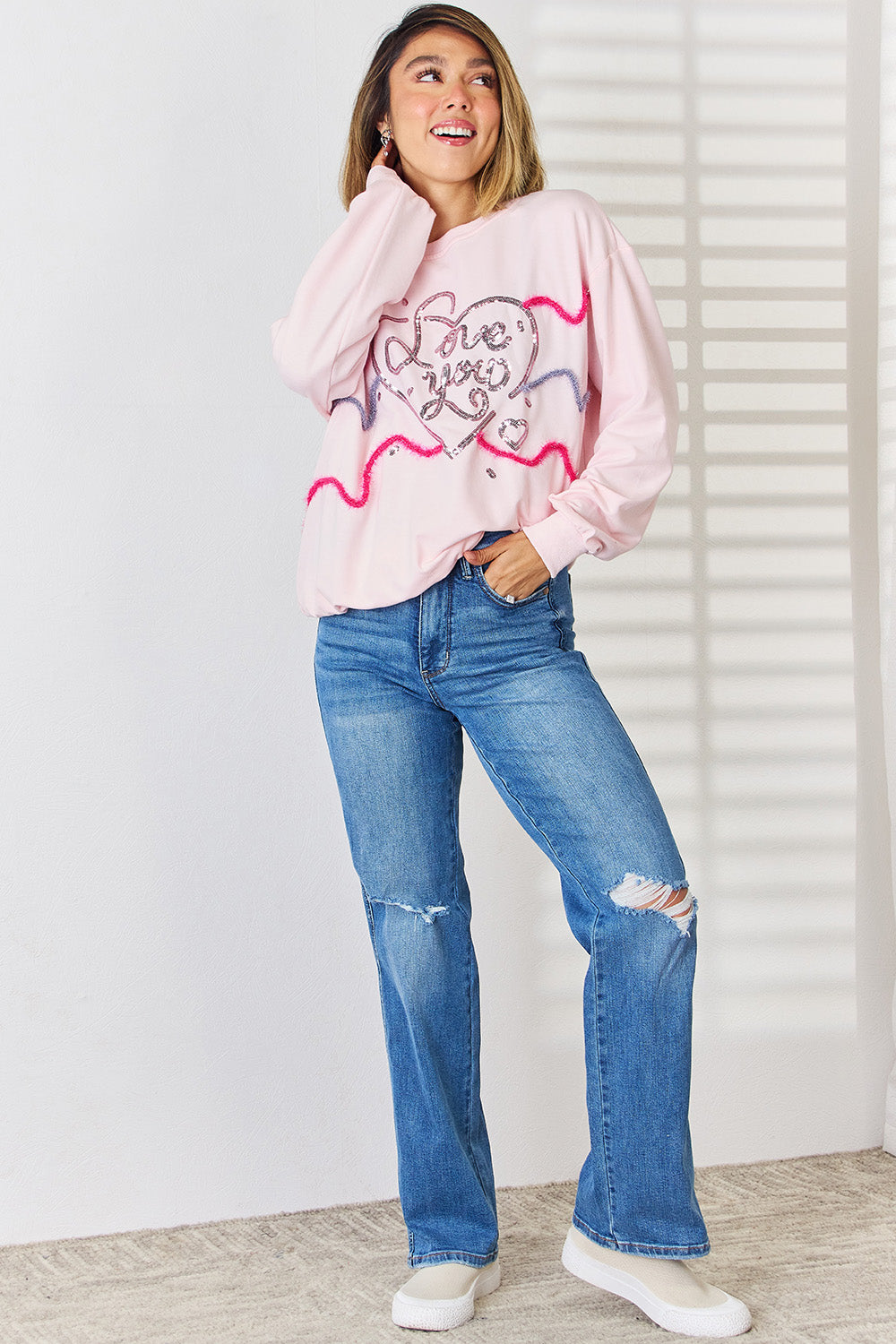 LOVE YOU Heart Sequin Round Neck Sweatshirt - Tantalize Boutique