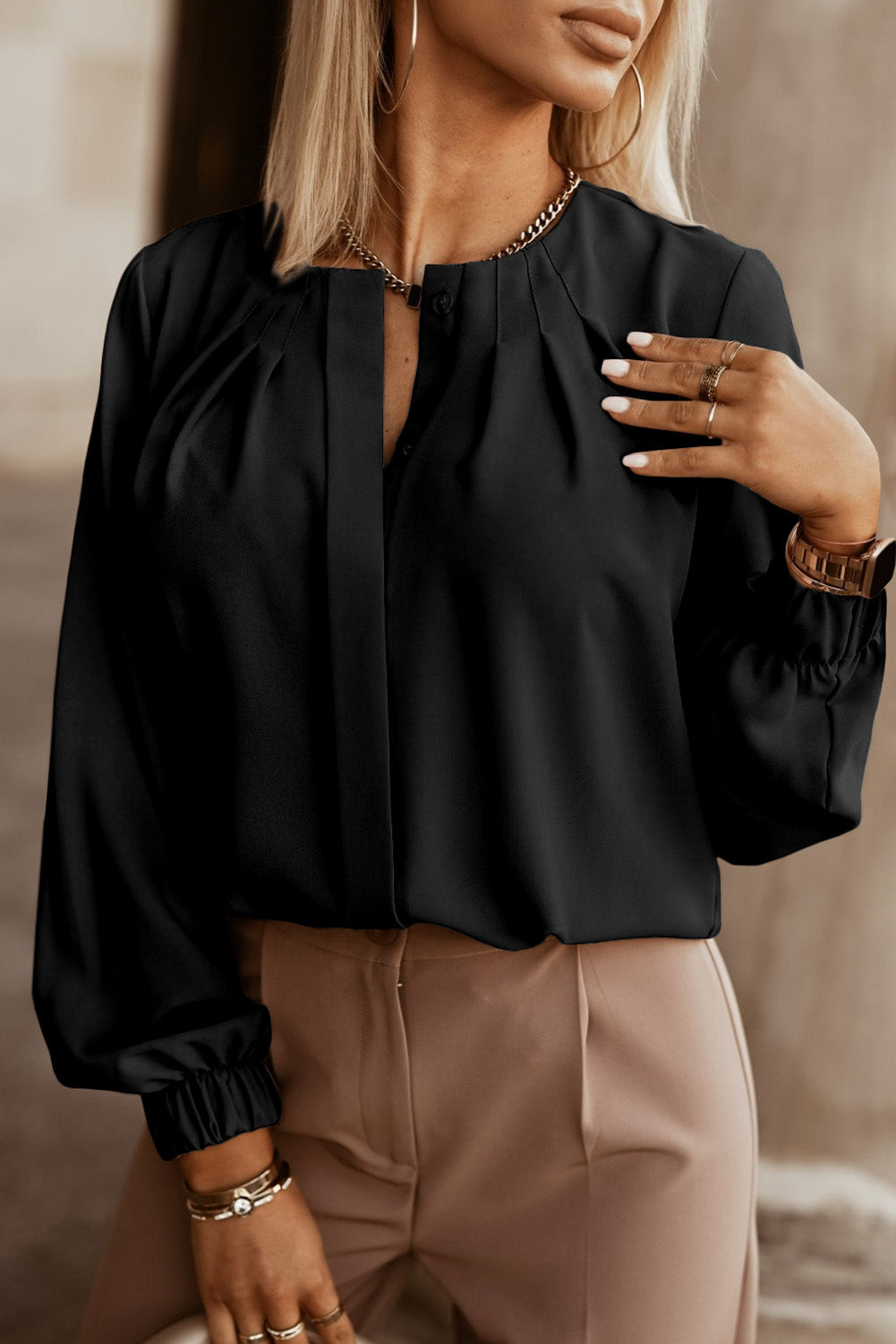 Button Up Round Neck Long Sleeve Shirt - Tantalize Boutique