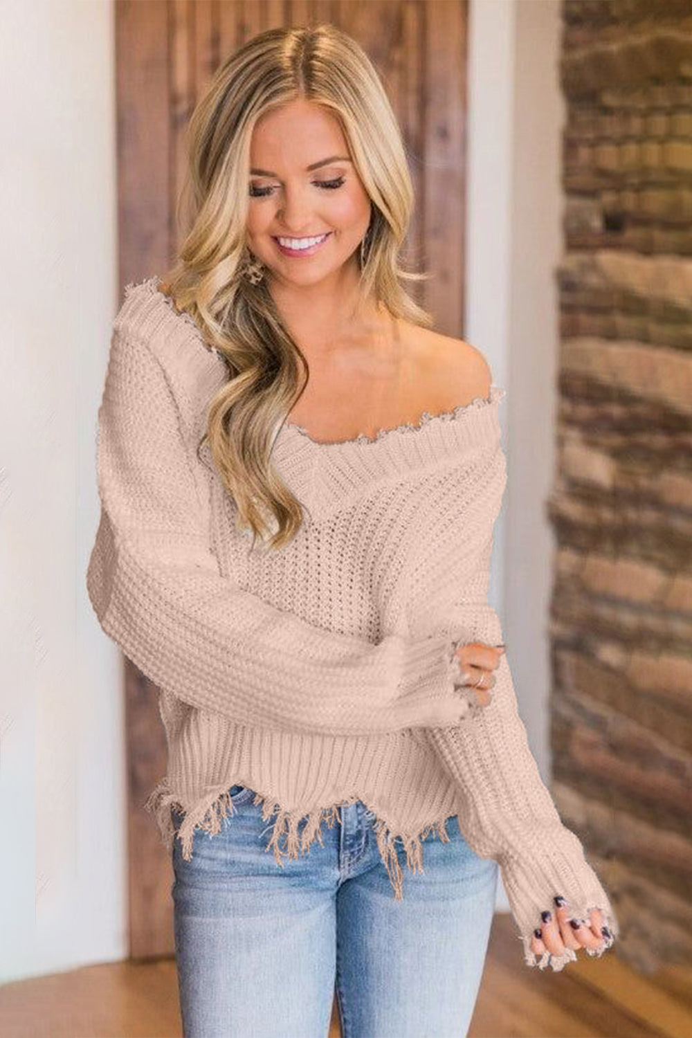 Frayed Hem Dropped Shoulder Sweater - Tantalize Boutique