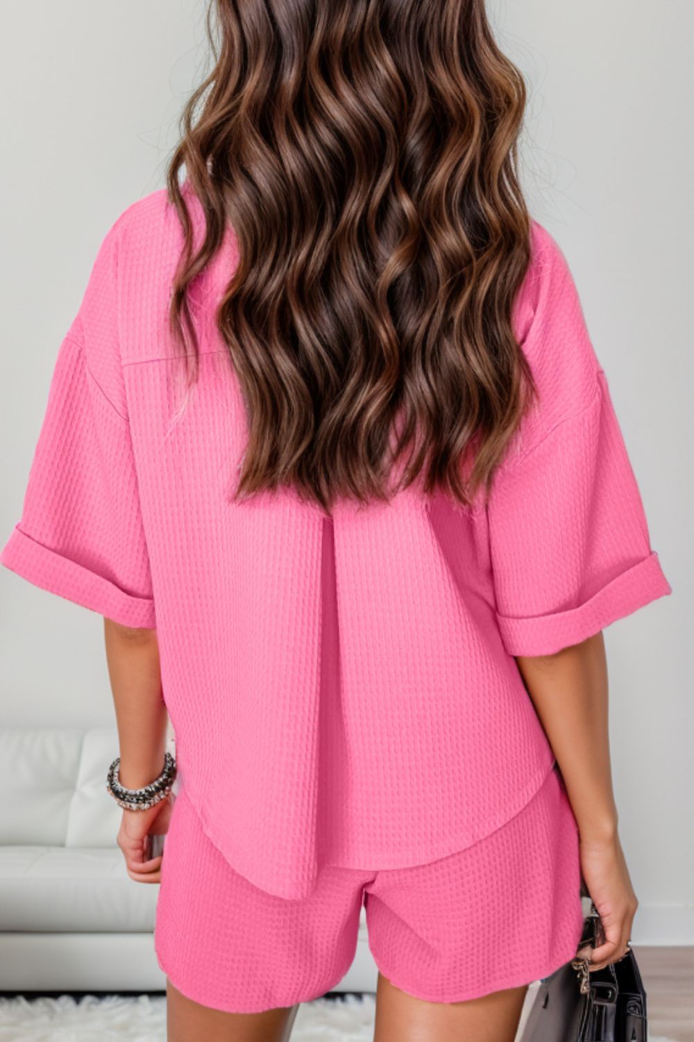 Waffle-Knit Pocketed Shirt and Shorts Set - Tantalize Boutique