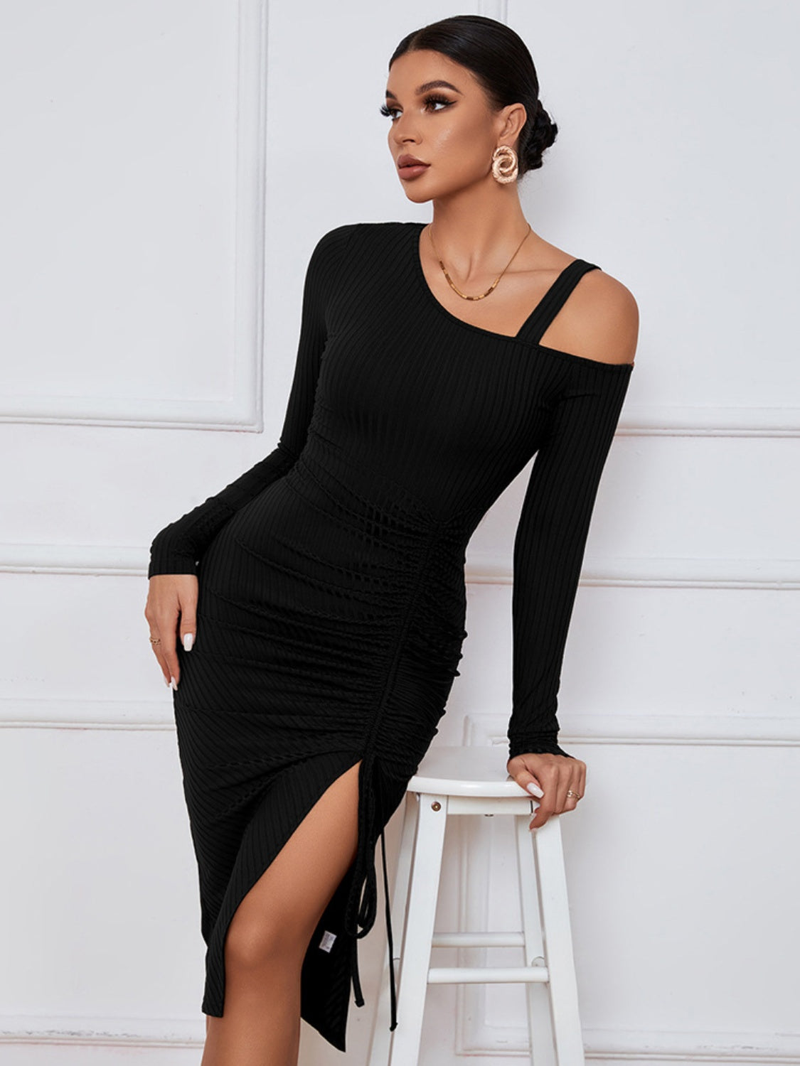 Ribbed Ruched Drawstring Wrap Dress - Tantalize Boutique