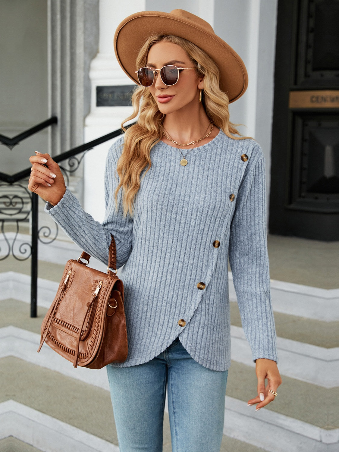 Round Neck Long Sleeve Blouse - Tantalize Boutique