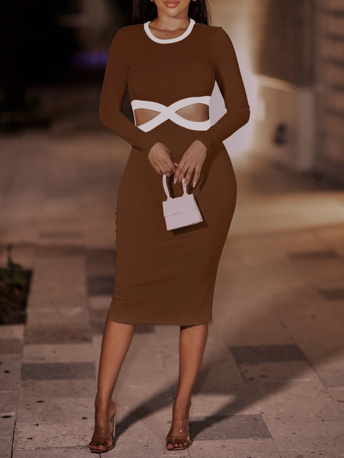 Contrast Cutout Ribbed Bodycon Dress - Tantalize Boutique